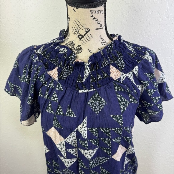Madewell blouse smocked mock neck XS patchwork boho casual‎ Navy Geometric Top - Picture 3 of 10